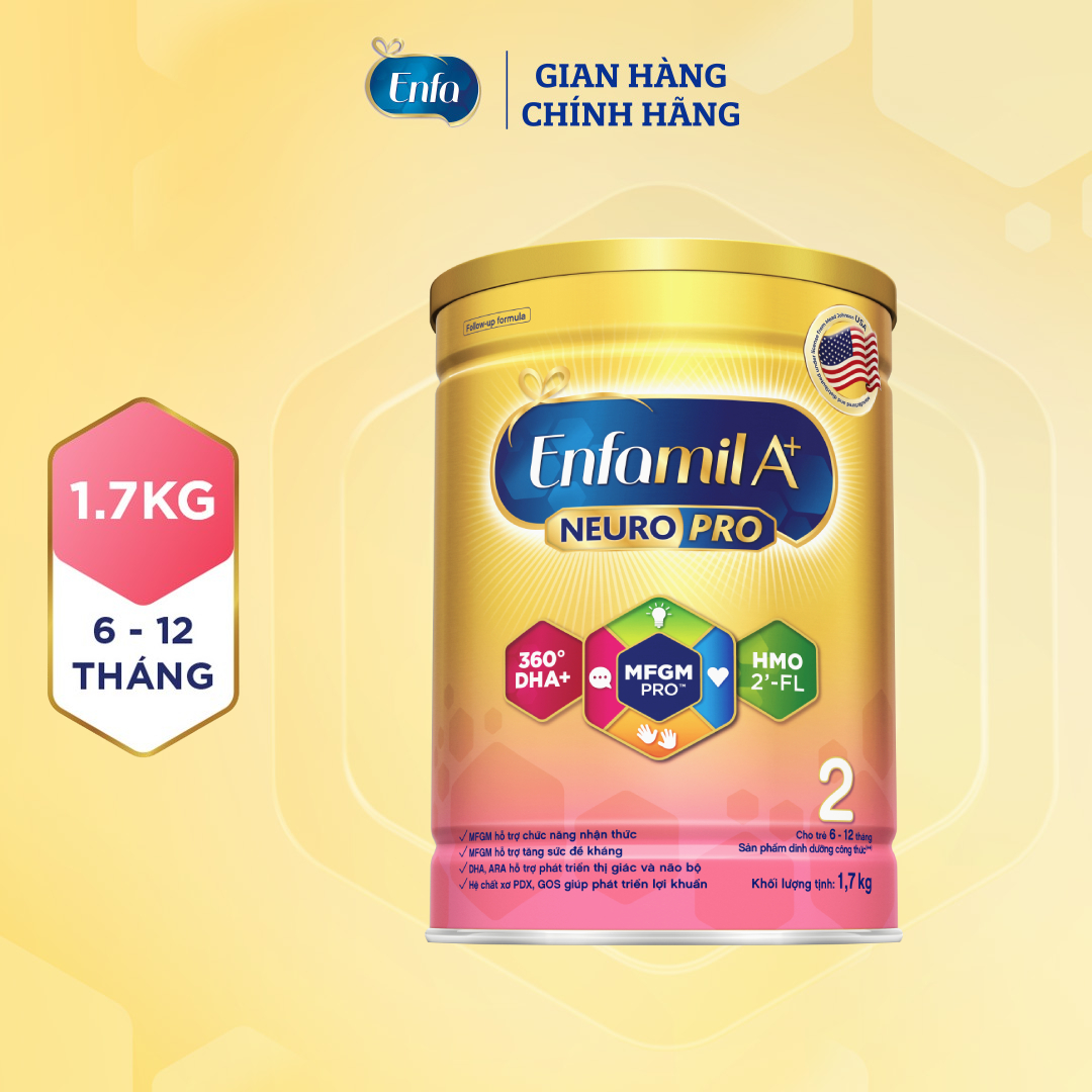 Sữa bột Enfamil A+ NeuroPro 2 Vị thanh mát 2'FL HMO với dưỡng chất DHA & MFGM cho trẻ từ 6 –12 tháng tuổi– 1.7kg