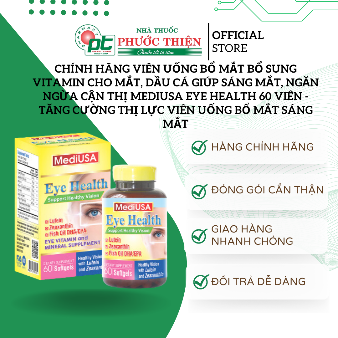 Viên uống bổ mắt bổ sung vitamin cho mắt, dầu cá giúp sáng mắt, ngăn ngừa cận thị MediUSA Eye Health 60 Viên - Tăng cường thị lực viên uống bổ mắt sáng mắt