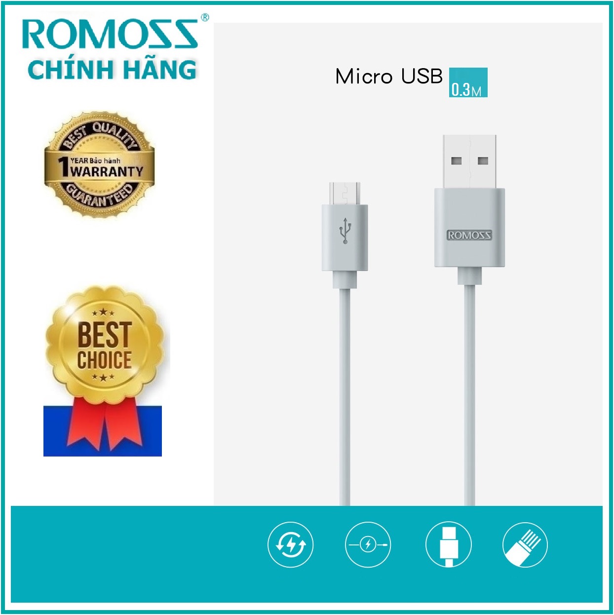Cáp sạc romoss cb05 micro usb v8/2.1a loại dài 1m và dài 0.3m