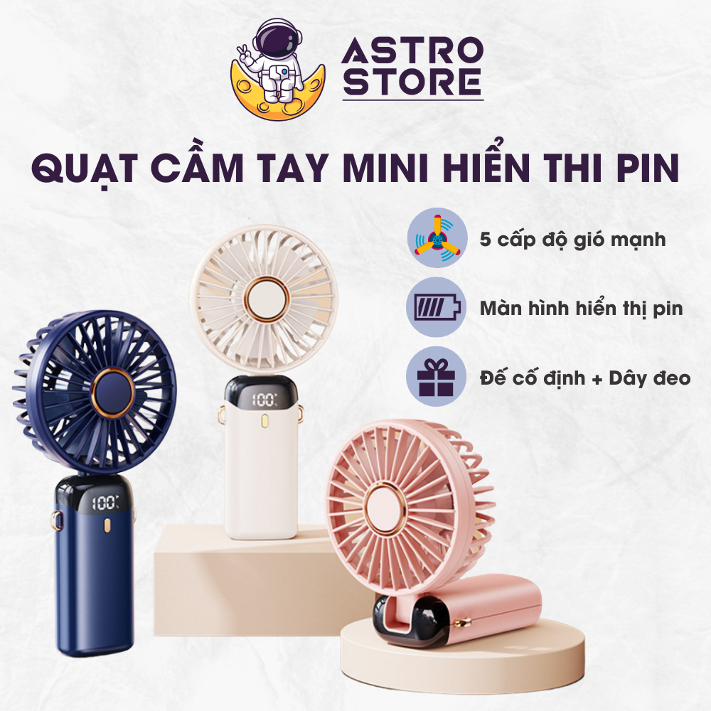 Quạt Cầm Tay Mini Gấp Gọn 5 Cấp Độ Gió Sạc Pin Tiện Dụng Dung Lượng Pin 10.000mAh Đèn Led Hiển Thị Pin Xoay 90 Độ Tặng Đế Cố Định Kèm Dây Đeo