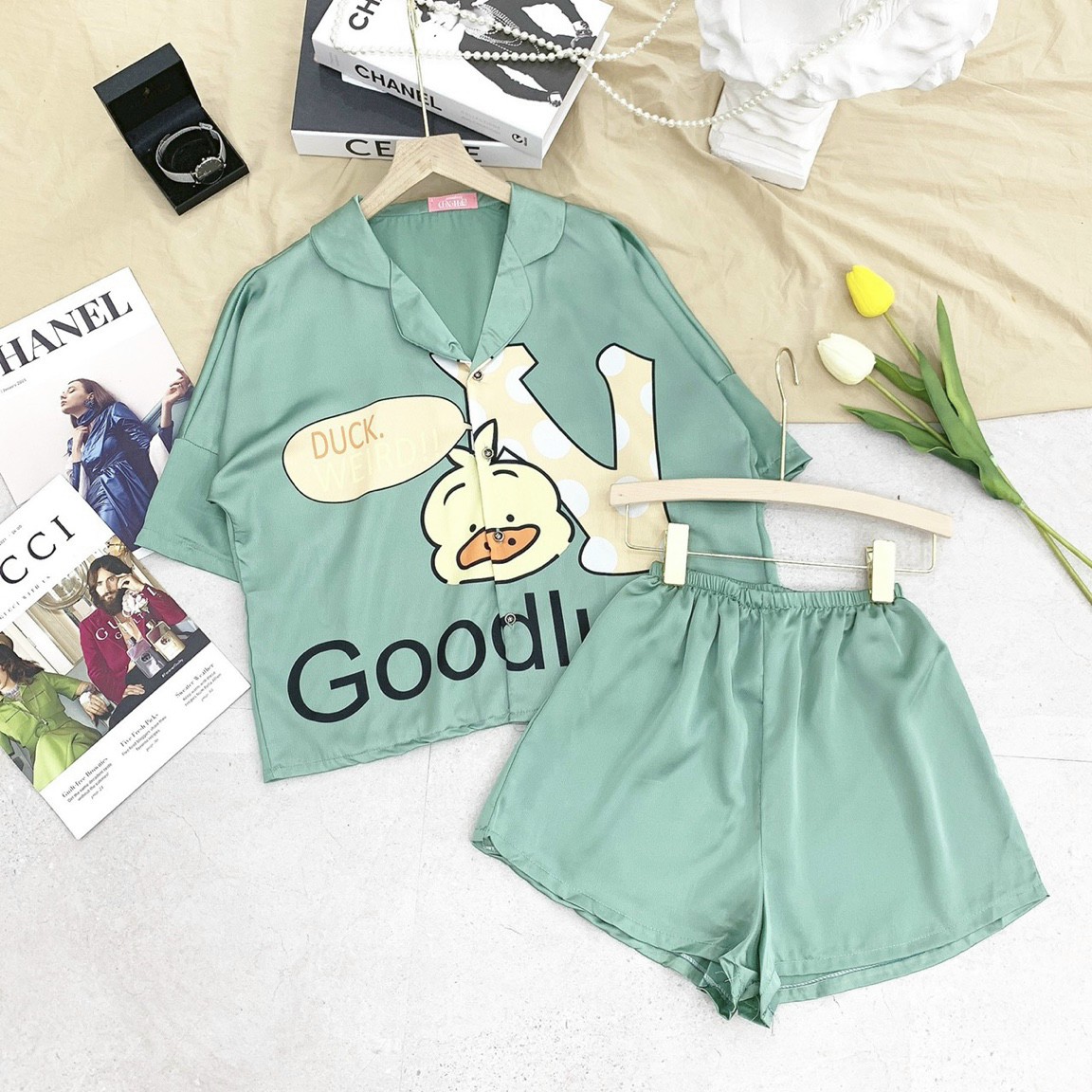 Bộ ngủ pyjama đùi dơi lụa in hình 3d siêu đẹp