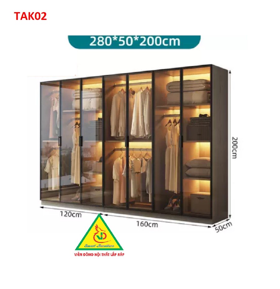 Tủ quần áo gỗ MDF cánh kính cường lực khung nhôm TAK03 - Nội thất lắp ráp