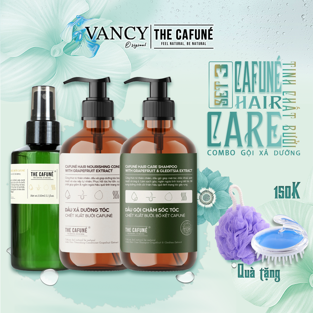 Combo Dầu Gội, Dầu Xả, Xịt Dưỡng Tóc Tinh Dầu Bưởi The Cafuné Kích Thích