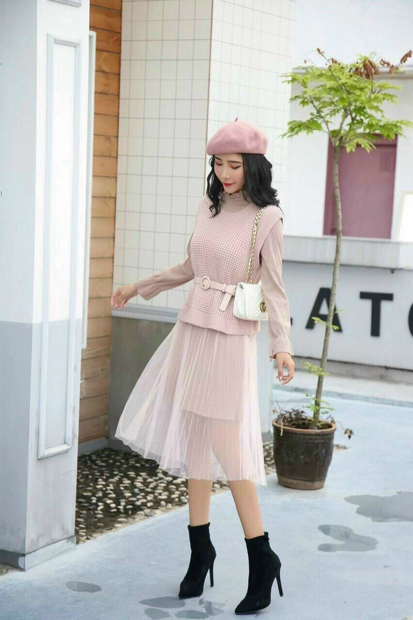 SÉT 2 MÓN ĐẦM LƯỚI KÈM ÁO GILE XINH XẮN, PHONG CÁCH HÀN QUỐC NHẸ NHÀNG CHO MÙA THU ĐÔNG ,HÀNG CHUẨN FORM CHẤT LEN MỀM MỊN NSB