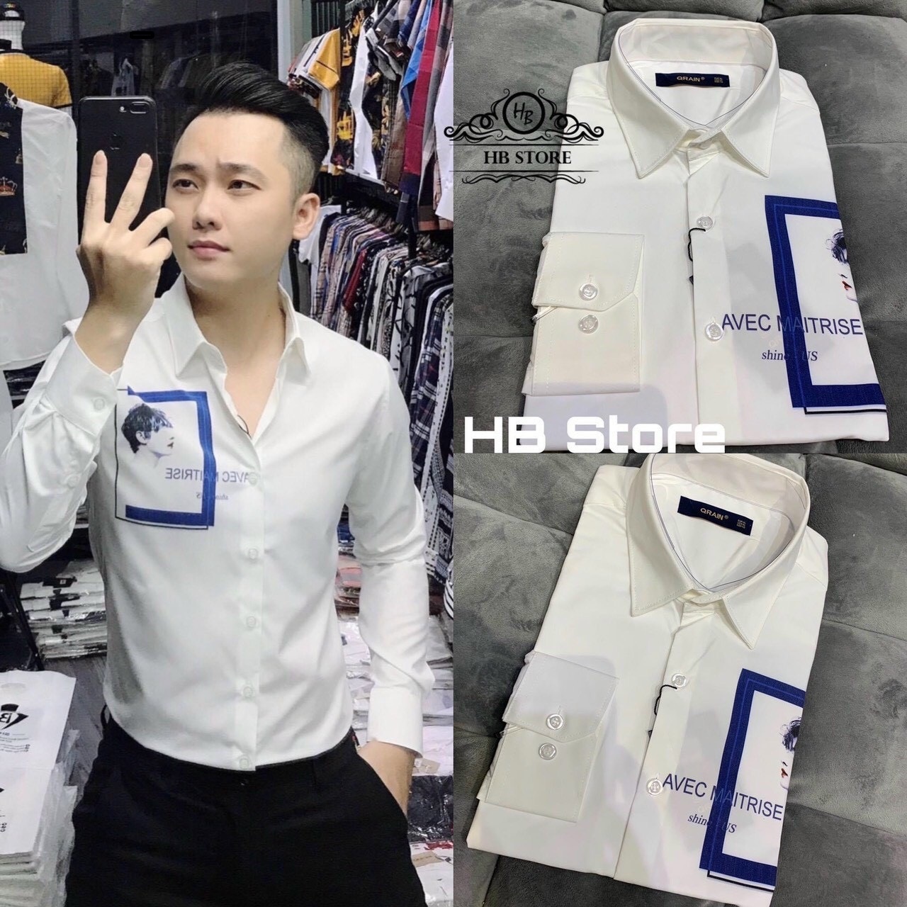 [HCM]Áo sơ mi nam đẹp ???????????????????? Áo sơ mi trắng nam đẹp ?? khuôn mặt xanh vuông trước ngực nhiều họa tiết đi đám cưới tiệc thoáng mát không nhăn mềm mịn.