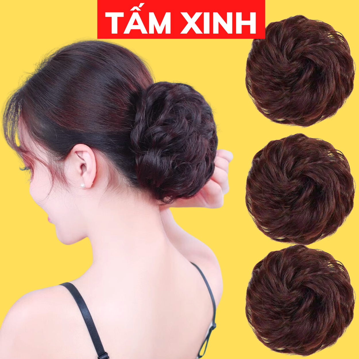 Tóc giả thời trang trung niên kiểu búi tóc giả nữ đẹp dạng chun buộc, búi tóc giả của mẹ - BÚI TÓC RỐI