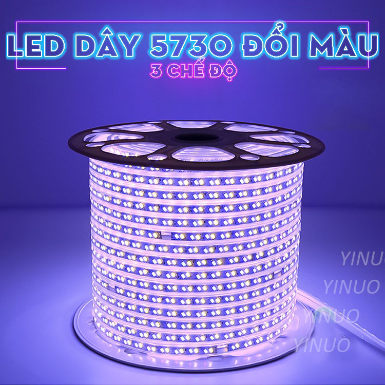 Đèn led dây 5730 3 màu 3 chế độ 5m 10m 20m 30m dải đèn led trang chí chuyển màu dùng điện 220V, kèm nguồn đèn led trang trí bọc nhựa chống nước ip65, đèn led dây quấn cây, trang trí quán cà phê, led hắt trần thạch cao siêu sáng