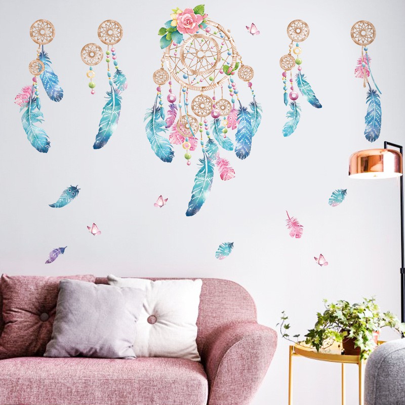 Decal dán tường Dreamcatcher - Lưới ước mơ Tranh dán tường giấy dán tường 3D Lưới giấc mơ Dreamcatcher sắc màu