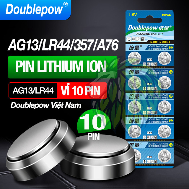 Vỉ 10 Pin Nút AG13 LR44 357 A76 Doublepow dung lượng cao Doublepow - Pin cút áo LR44 cho đồng hồ kỹ thuật số, chìa khóa xe, van cảm biến áp suất lốp, bút laser, thiết bị thể dục và các thiết bị y tế , tương thích