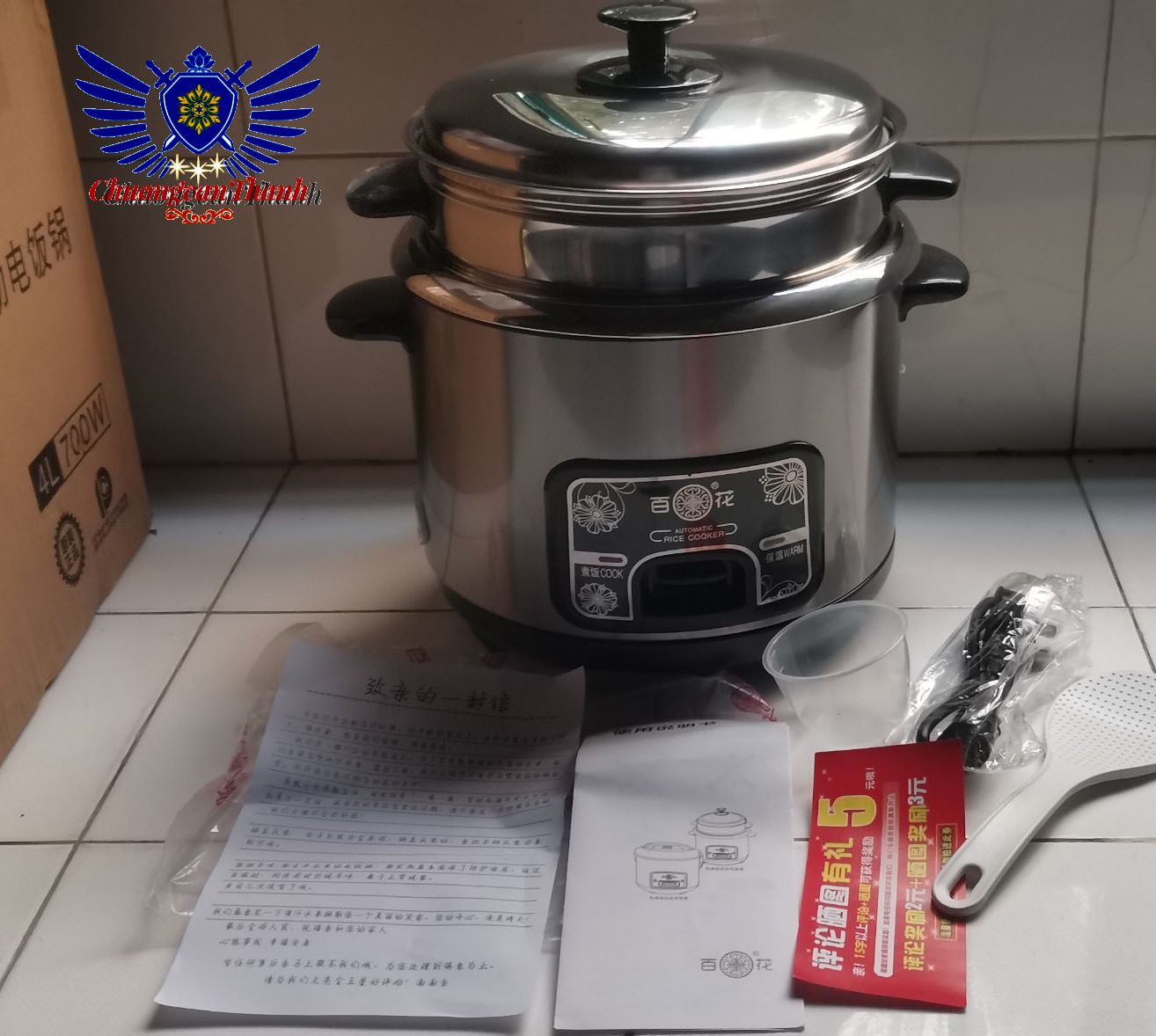 Nồi cơm điện inox lót trong gia đình Nồi cơm điện kiểu mới đa năng 1L8 có tầng hấp.Gia dụng Chương.