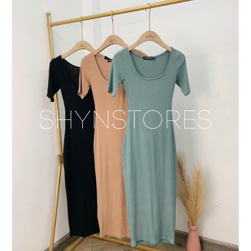 Đầm body nữ cổ vuông cộc tay len tăm dáng dài