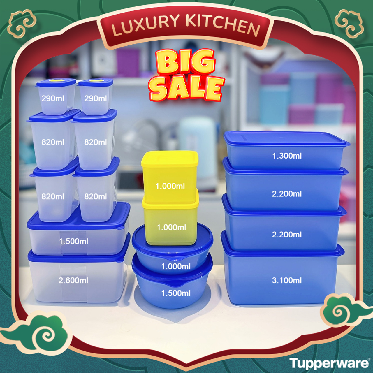 Combo bộ hộp trữ đông & trữ mát Tupperware - Bộ Blue Ocean Mega 15 và Modern Set 16 món full tủ lạnh