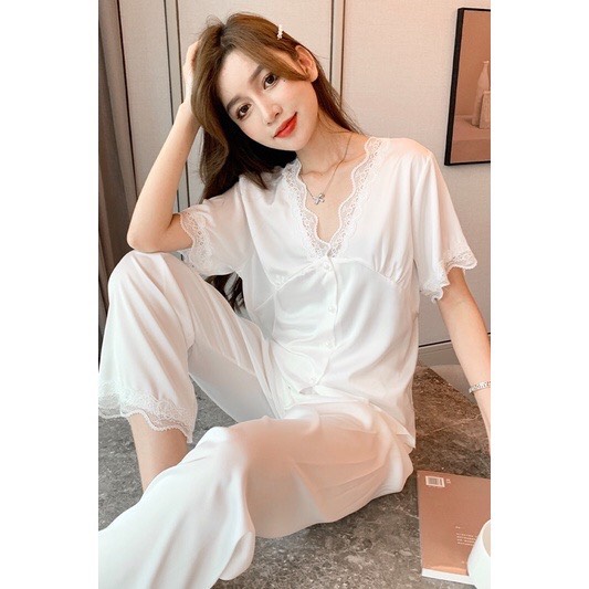 Bộ ngủ lụa quần dài áo cộc Lamy Nacy, bộ pijama lụa cao cấp