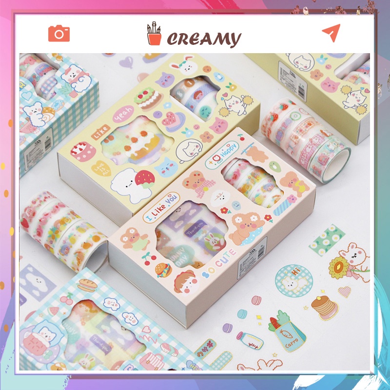 Hộp 5 cuộn washi tape + 9 tờ sticker Băng dính washi tape nhiều hình cute dễ thương CREAMY WST130
