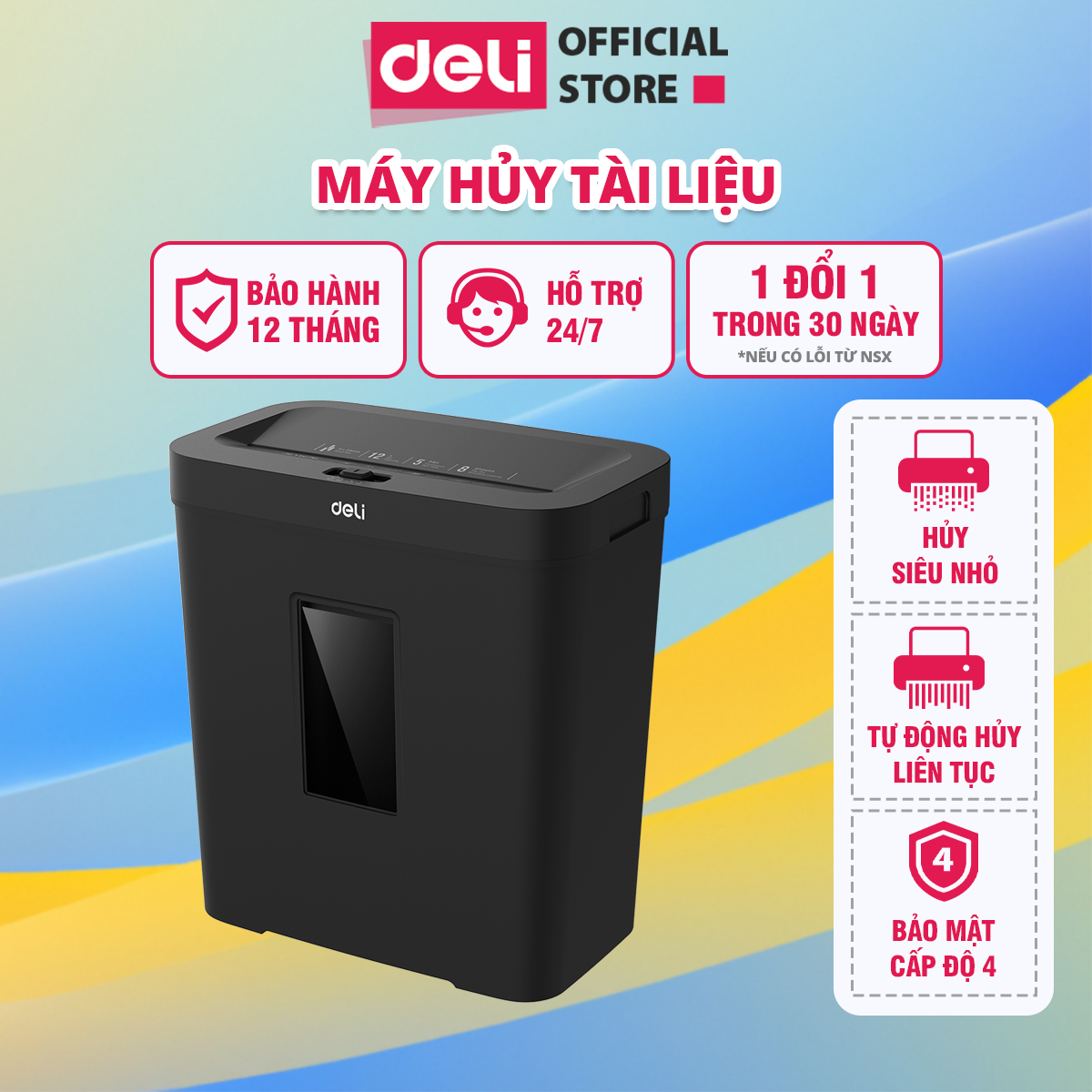 Máy hủy tài liệu cao cấp deli chính hãng - phù hợp cho bảo mật giấy tờ trong doanh nghiệp, văn phòng, nhà trường