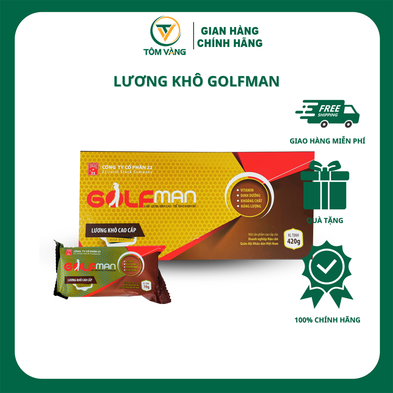 Lương Khô Golfman - Hộp 6 Gói Trọng Lượng 420g - Tôm Vàng