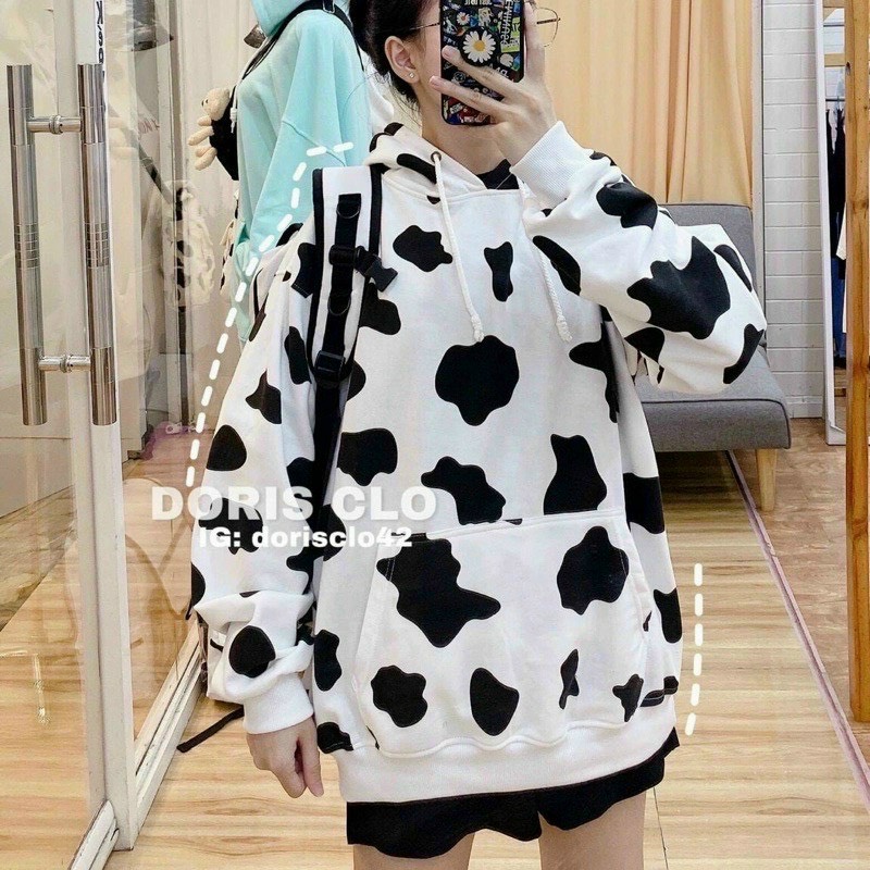 Áo khoác nỉ form rộng kiểu hoddie có mũ dạng bò sữa siêu hot TTSLA0519