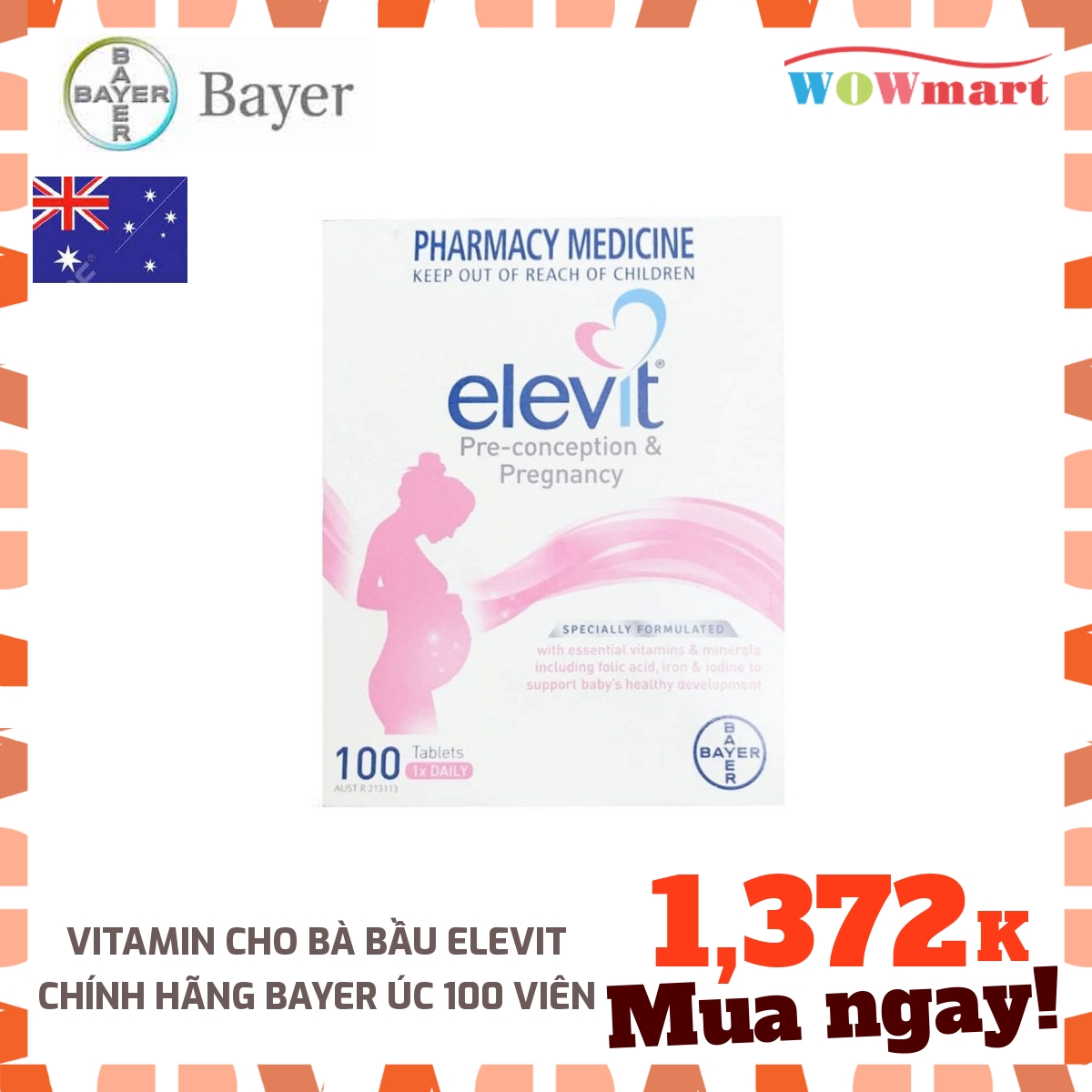 Vitamin cho bà bầu Elevit chính hãng Bayer Úc 100 viên -