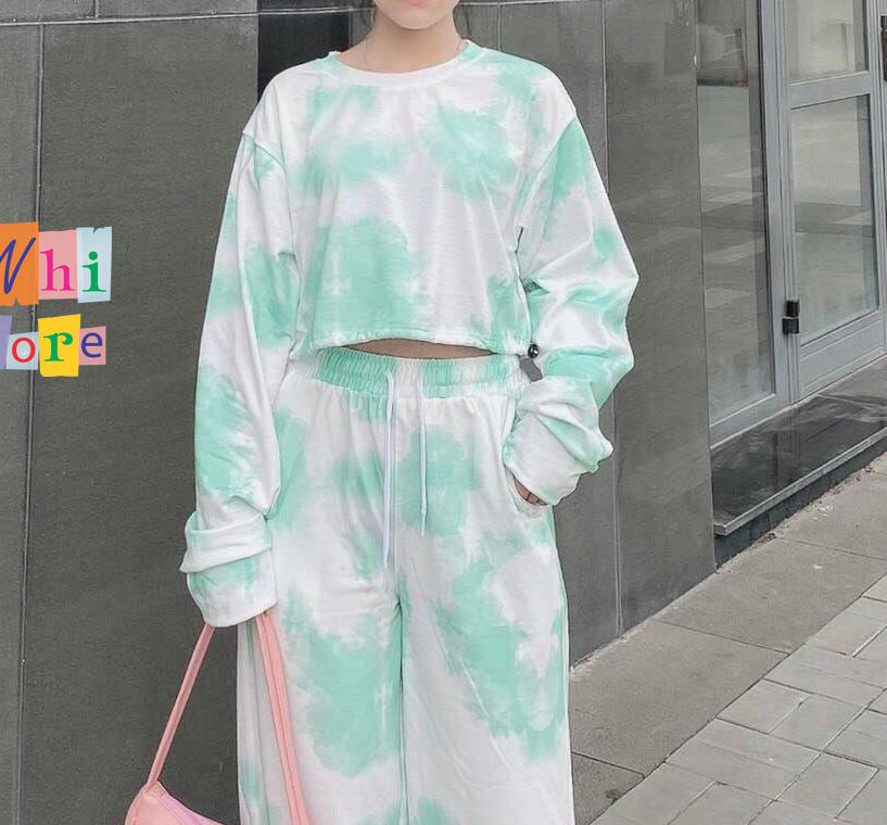 Áo Croptop Loang Màu 3D Ulzzang Rút Dây Tay Dài Dáng Rộng Màu Xanh Lá - MM