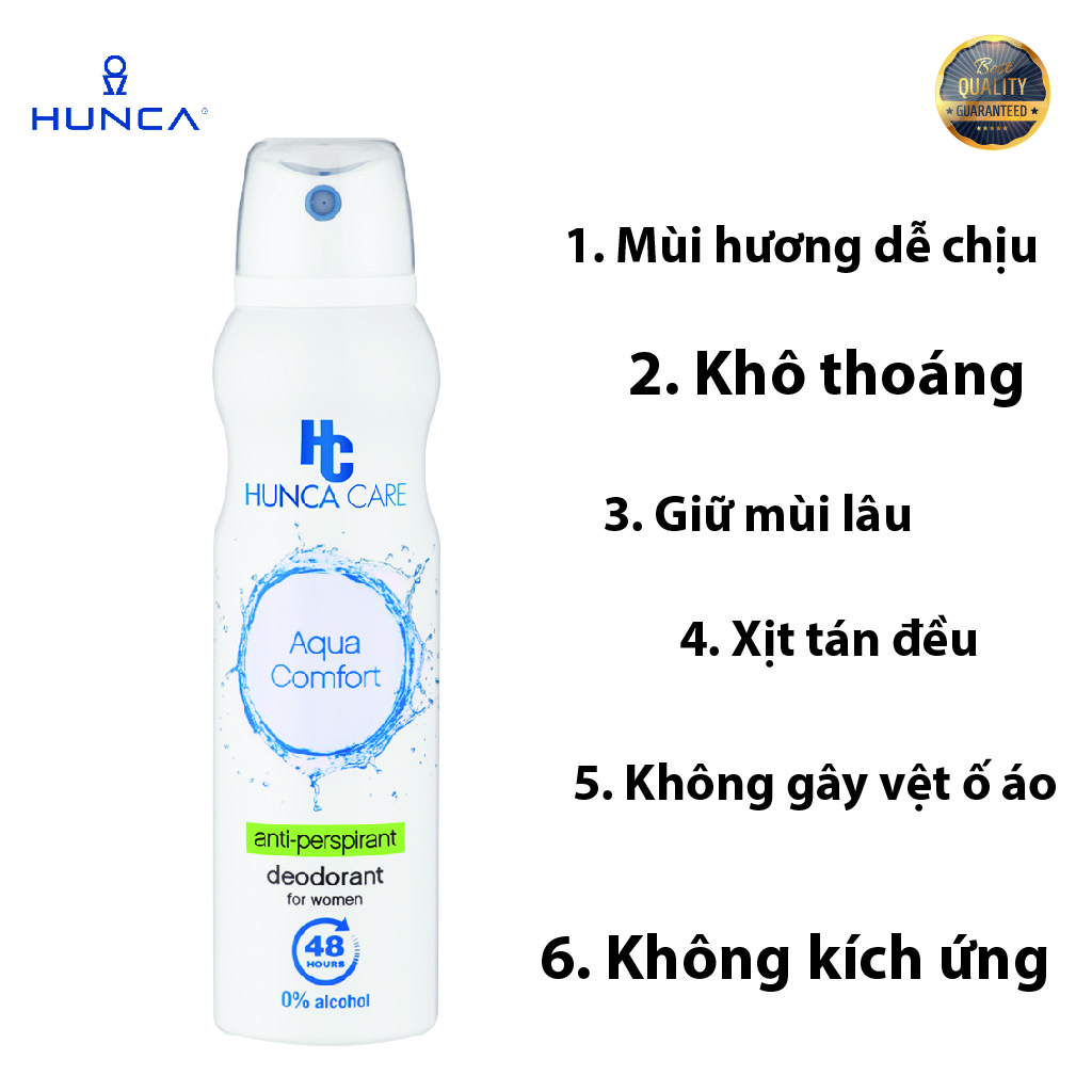 Xịt Khử Mùi cho nữ Hunca ngăn mùi 48h giảm thâm nách, không gây vệt ố vàng trên áo 150ml - hương Cỏ tươi