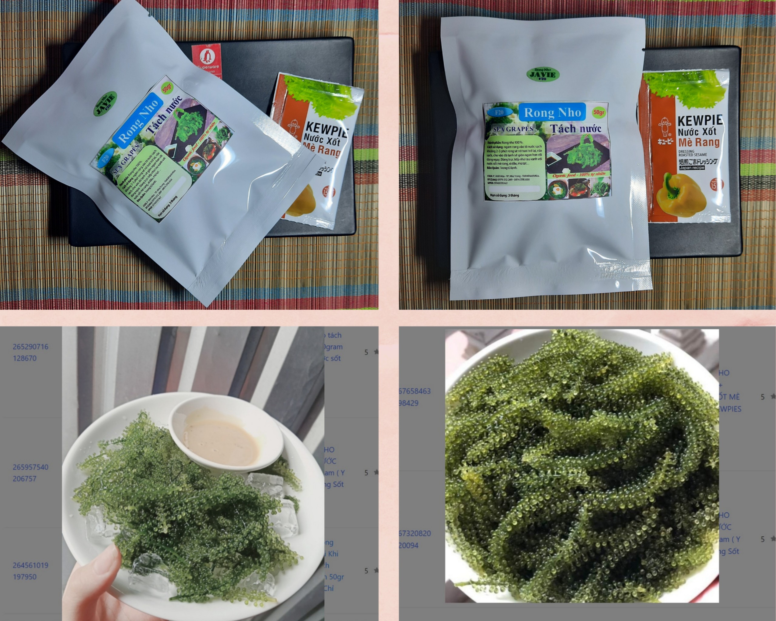 Gói 50g Rong Nho tách nước JAVIE + 1 gói Nước Xốt mè rang Kewpie - Sản phẩm ứng dụng công nghệ tách nước ly tâm từ Nhật Bản