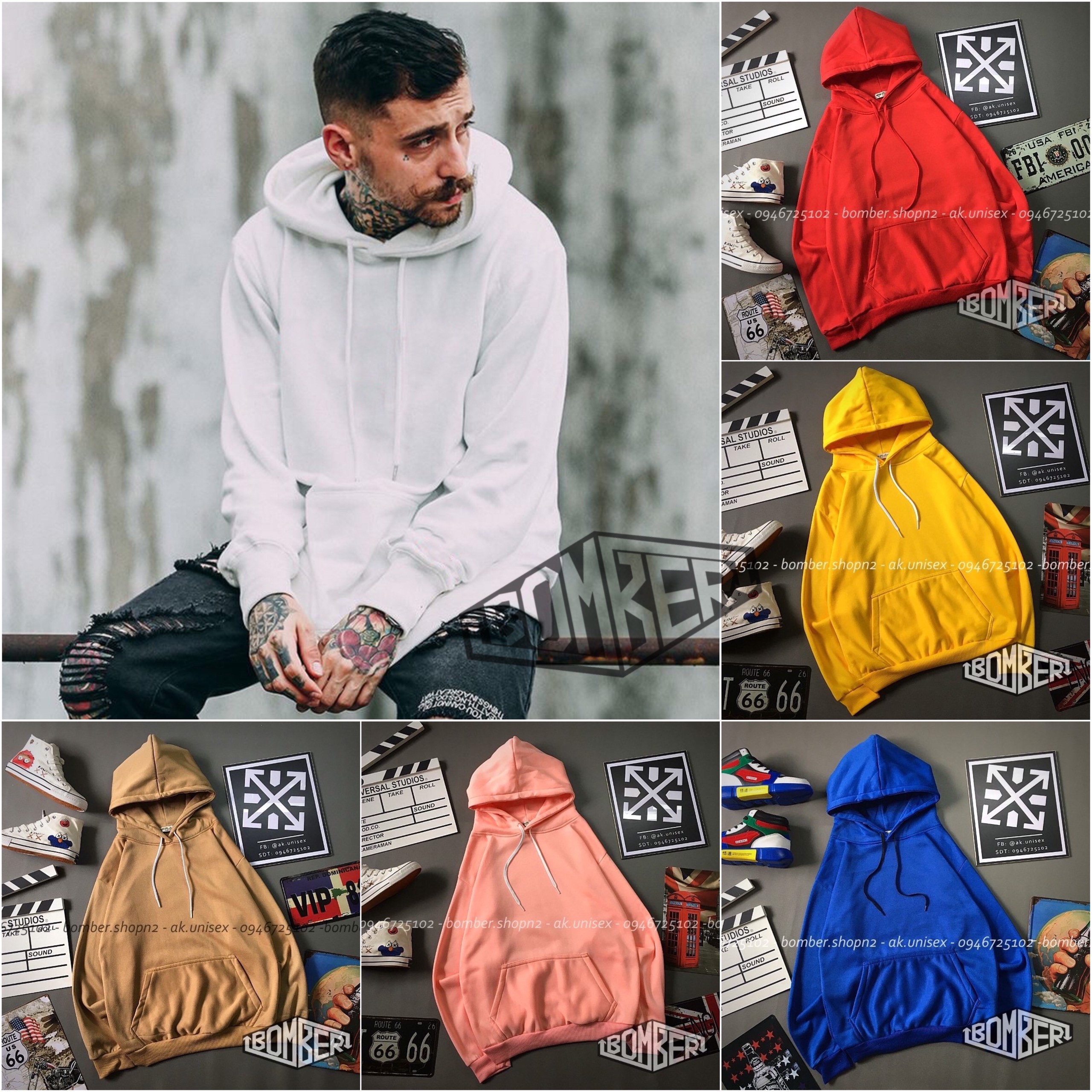 Hoodie trơn Style Unisex 3 size - nhiều màu