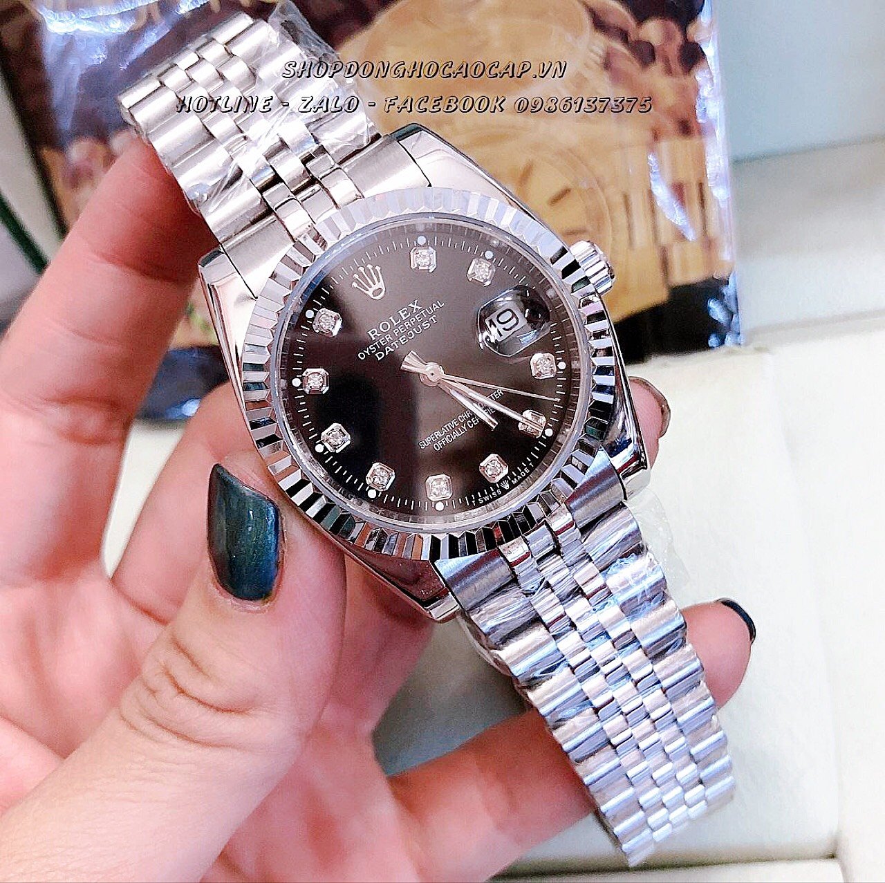 [HCM]Đồng Hồ Rolex Nữ Mặt Khía Bạc Đen 32mm-36mm