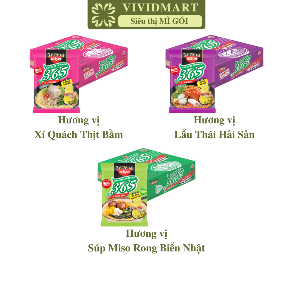 [THÙNG 30 GÓI] - NISSIN - Mì 365 có 3 vị: Xí Quách Thịt Bằm, Lẩu Thái Hải Sản, Súp Miso Rong Biển Nh