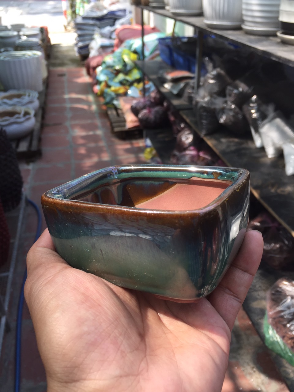 Chậu gốm sứ cao cấp men xanh lục size nhỏ mini trồng cây bonsai để bàn-kiểu hình chữ nhật dài 10 rộng 8 cao 5 cm