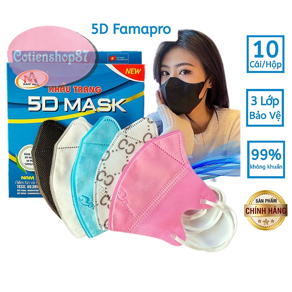 Hộp 10 cái khẩu trang y tế Famapro 5D mask Nam Anh, 3 lớp vải kháng khuẩn