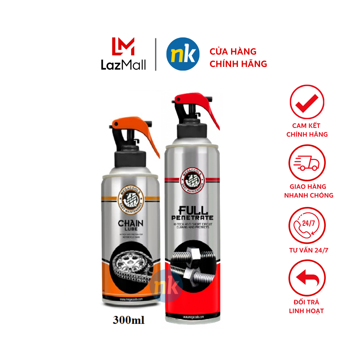 Combo chai bảo dưỡng sên Megacools Chain Lube 300ml và xịt vệ sinh sên Megacools 500ml - dùng cho sên vàng, phốt cao su