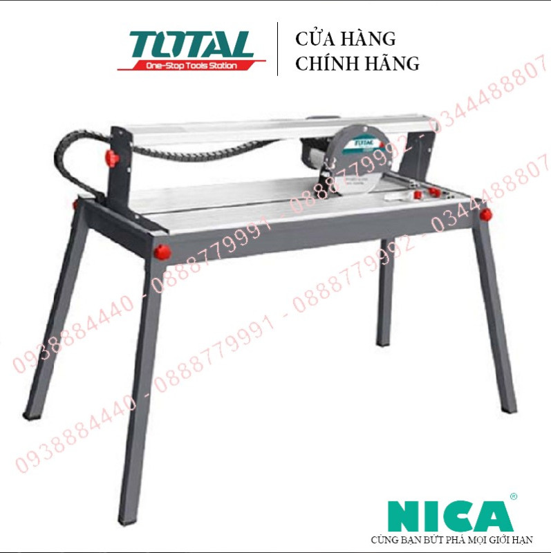 Máy cắt gạch bàn total ts6082001 công suất: 800w, tốc độ không tải: 2950/min, kích thước bàn cắt: 890x394mm, khả năng cắt sâu 36mm@90° & 29mm@45°, cắt xẻ: 620mm, kích thước lưỡi cắt::φ200xφ25.4x2,4mm.