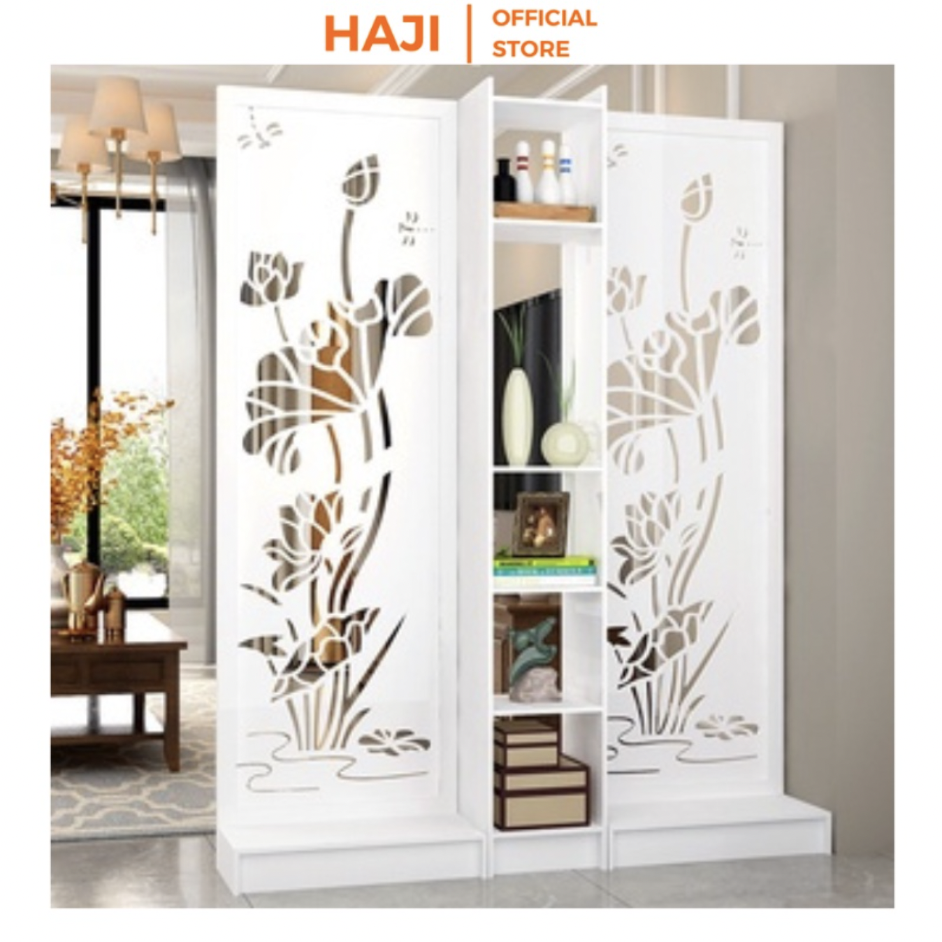 Bộ kệ vách ngăn phong thuỷ hoa sen sang trọng cho phòng khách, Bình phong có kệ trang trí chịu lực tốt HAJI AG489
