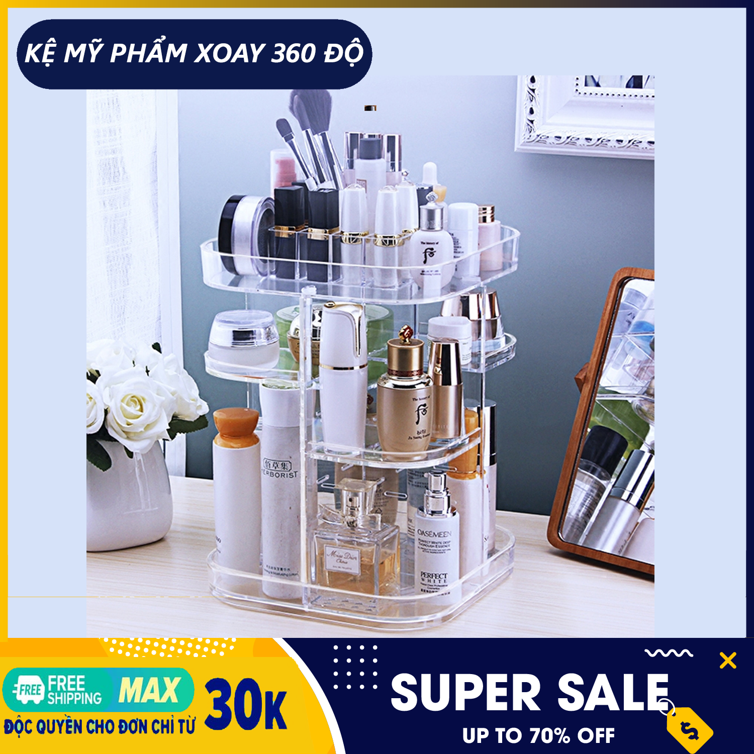 Kệ mỹ phẩm, kệ mỹ phẩm 3 tầng, kệ mỹ phẩm xoay 360 độ - Chất liệu nhựa trong suốt chắc chắn - ĐỔI TRẢ 7 NGÀY