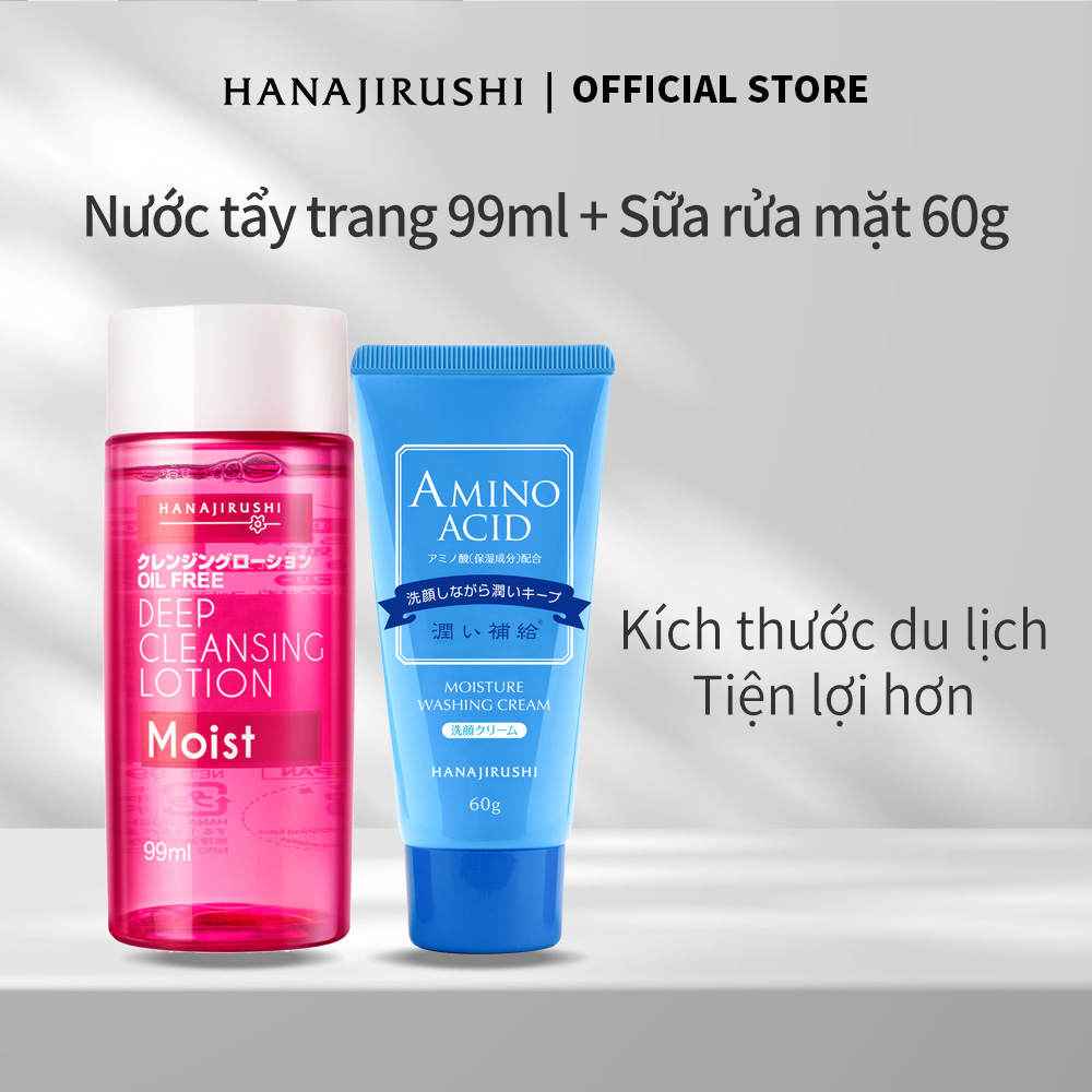 Bộ dụng cụ giặt HANAJIRUSHI cho du lịch (Nước tẩy trang 99ml + Sữa rửa mặt 150g)