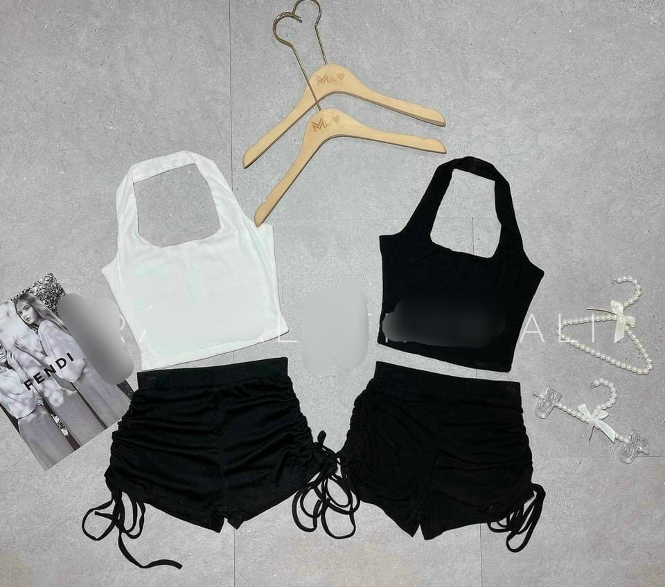 Hàng xịn cực xinh - Set bộ tập gym áo yếm choàng cổ quần short rút dây 2 bên thể thao