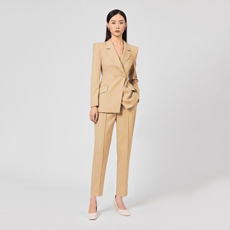 Set vest nữ áo blazer nữ, quần ống đứng màu kem quynh design