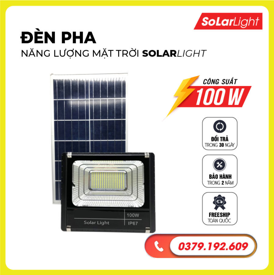 Đèn pha led năng lượng mặt trời công suất 100w chiếu sáng sân vườn , Đèn chiếu sáng ngoài trời Bảo Hành 2 năm