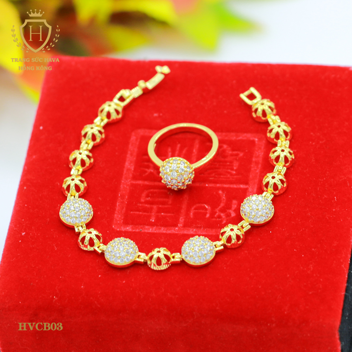Combo Lắc Tay Nữ, Vòng Tay Nữ Bi và Nhẫn Bi Đính Đá, Titan Xi Mạ Vàng Non 10k, 18k, 24k Thật Cao Cấp - Trang Sức Hava Hong Kong
