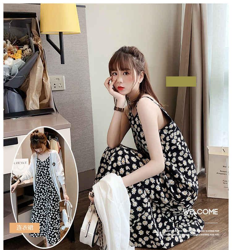 Đầm midi hai dây dán suông họa tiết hoa cúc trẻ trung cá tính