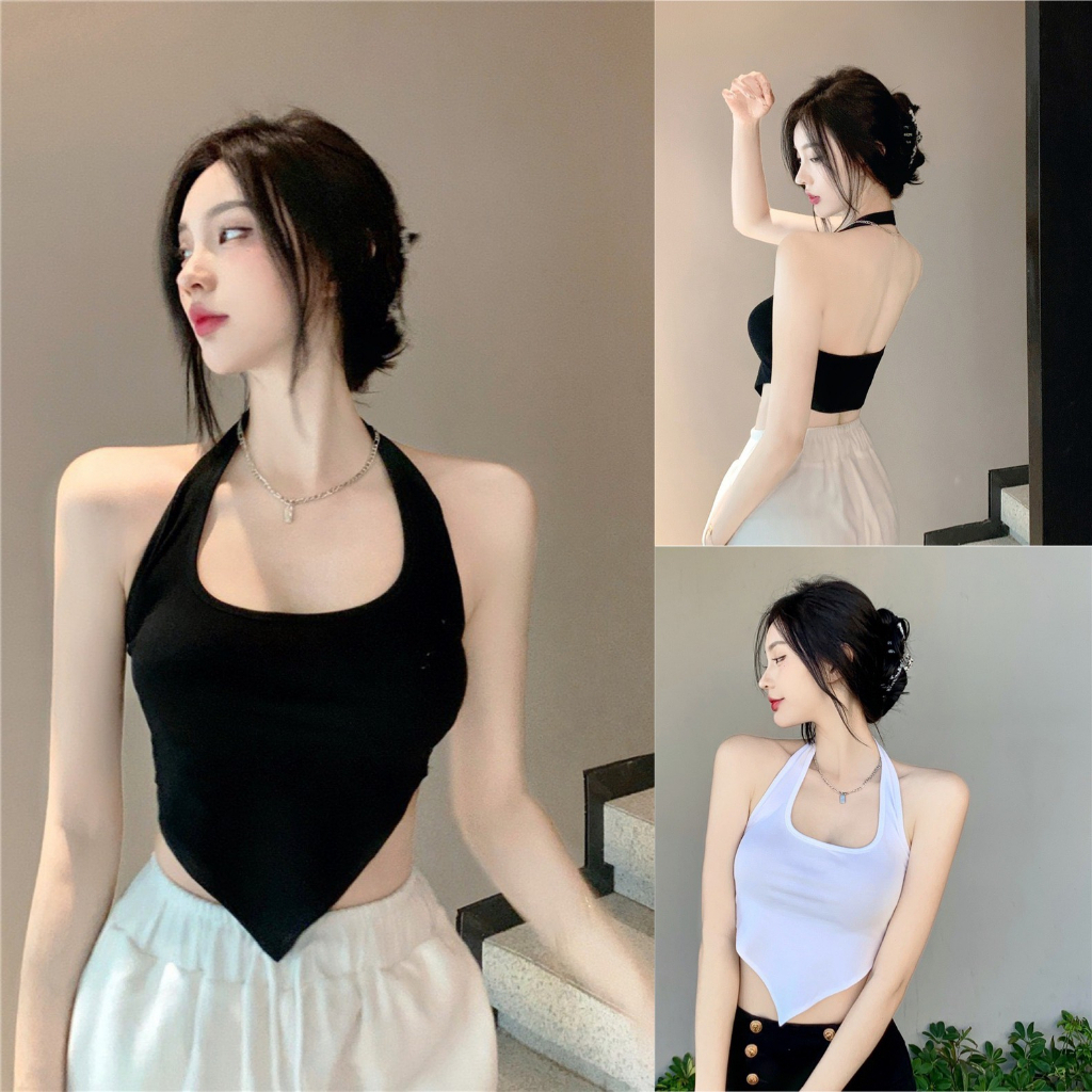 Áo Yếm Bra Croptop Nữ hai dây -  Áo Kiểu Cổ Yếm Thiết Kế Buộc Dây Hở Lưng Vạt Chéo Trước Ngực Sexy Đen Trắng GIISEL A05