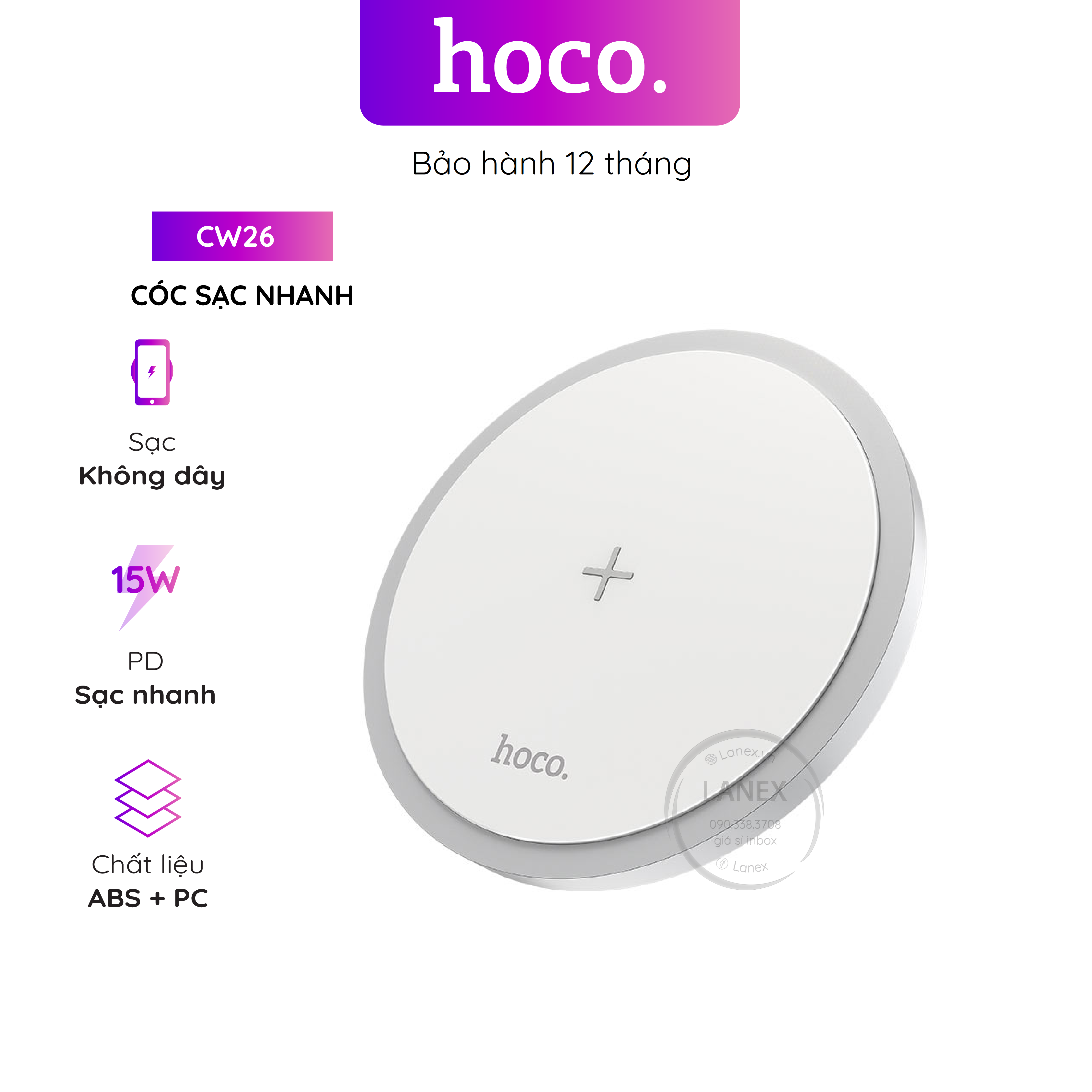 Cóc sạc nhanh hoco cw26 đế không dây 15w 2 in 1 cho điện thoại 1m