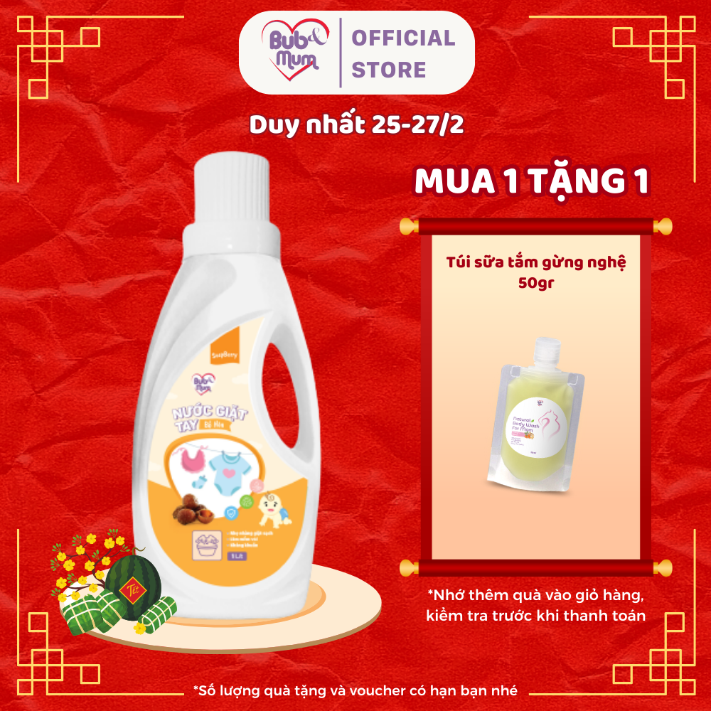 Nước giặt tay chiết xuất Bồ Hòn 1000ml BuB&MuM thành phần thảo dược sạch khuẩn, mềm vải, thích hợp giặt tả và quần áo cho bé