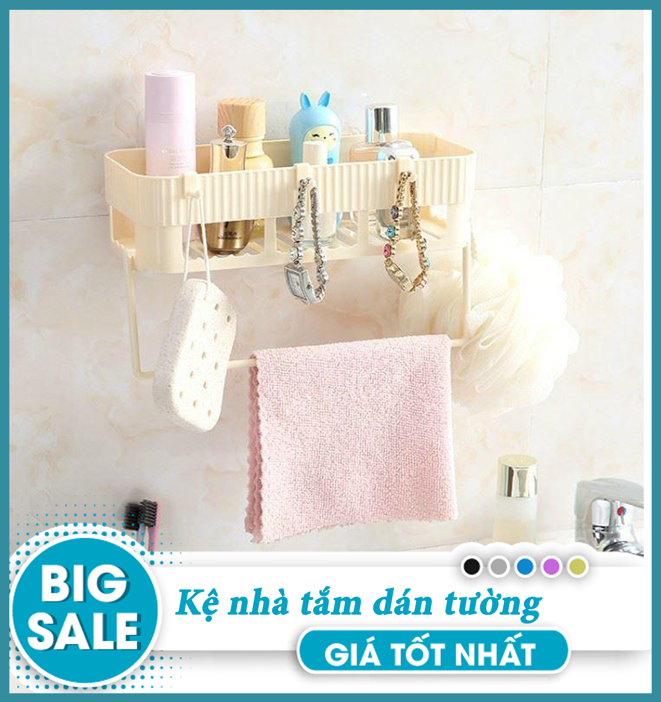 Kệ nhà tắm - Kệ nhà tắm dán tường - Kệ nhà tắm dán tường hình chữ nhật, có móc treo khăn (Màu ngẫu nhiên)