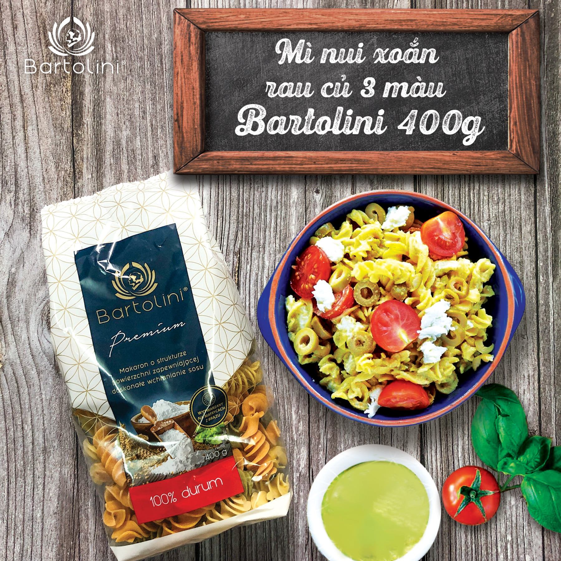[HCM]Mì nui xoắn rau củ 3 màu Bartolini 400g