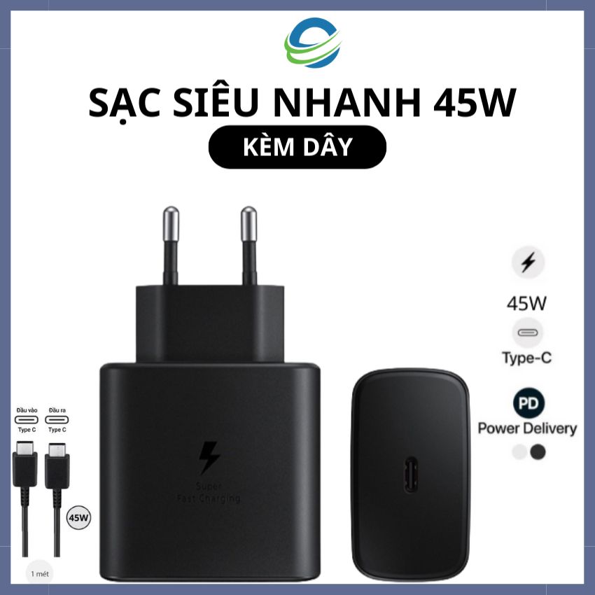  Bộ sạc nhanh SS 45W  Cáp zin 5A 2 đầu Type C  Hỗ Trợ Samsung Note 10 Note 20 A71 A70 A80 A90 S20 S20+ S20 Ultra S21 S22 