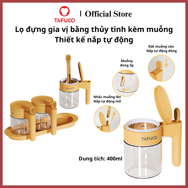 Lọ, Hũ đựng gia vị TAFUCO bằng thủy tinh kèm muỗng, có nắp thiết kế cơ chế tự động đóng mở, dung tích 400ml
