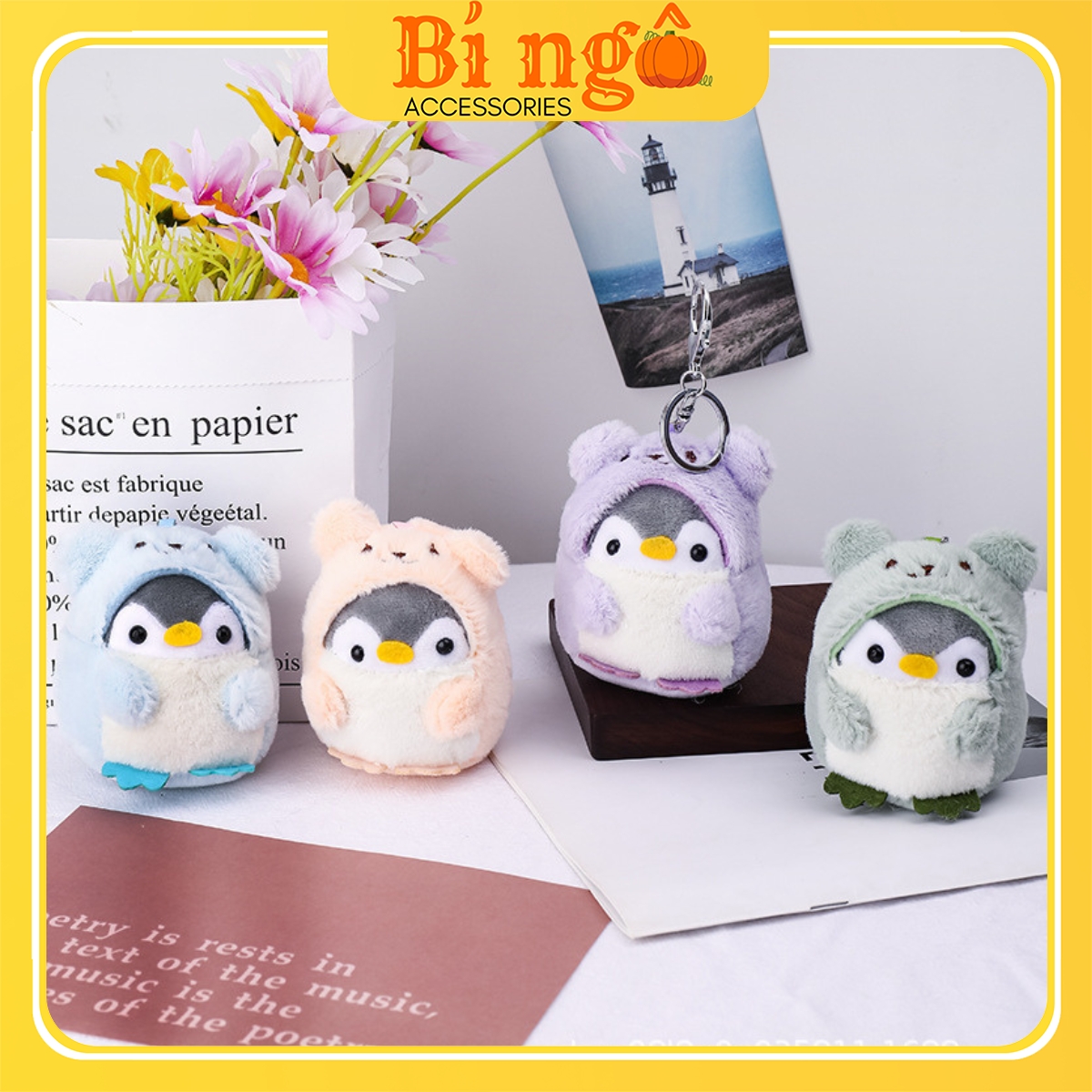 Móc khoá nhồi bông chim cánh cụt đội nón - bí ngô - mk015