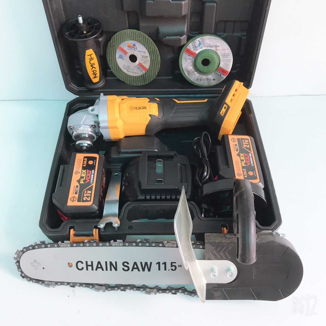 Máy mài dùng pin Hukan 21V Hàng cho thợ dùng công trình TẶNG Bộ lưỡi cưa xích cắt gỗ + Đá mài + Đá cắt