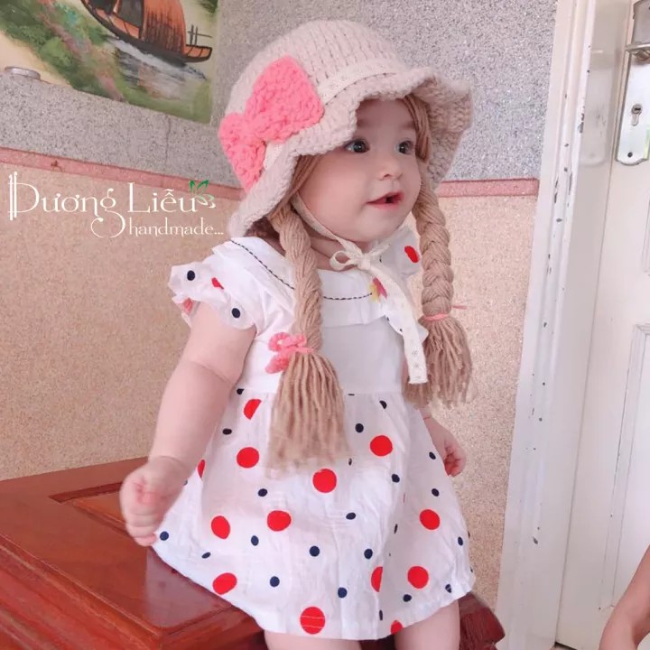 Nón len handmade có 2 bím tóc cho bé